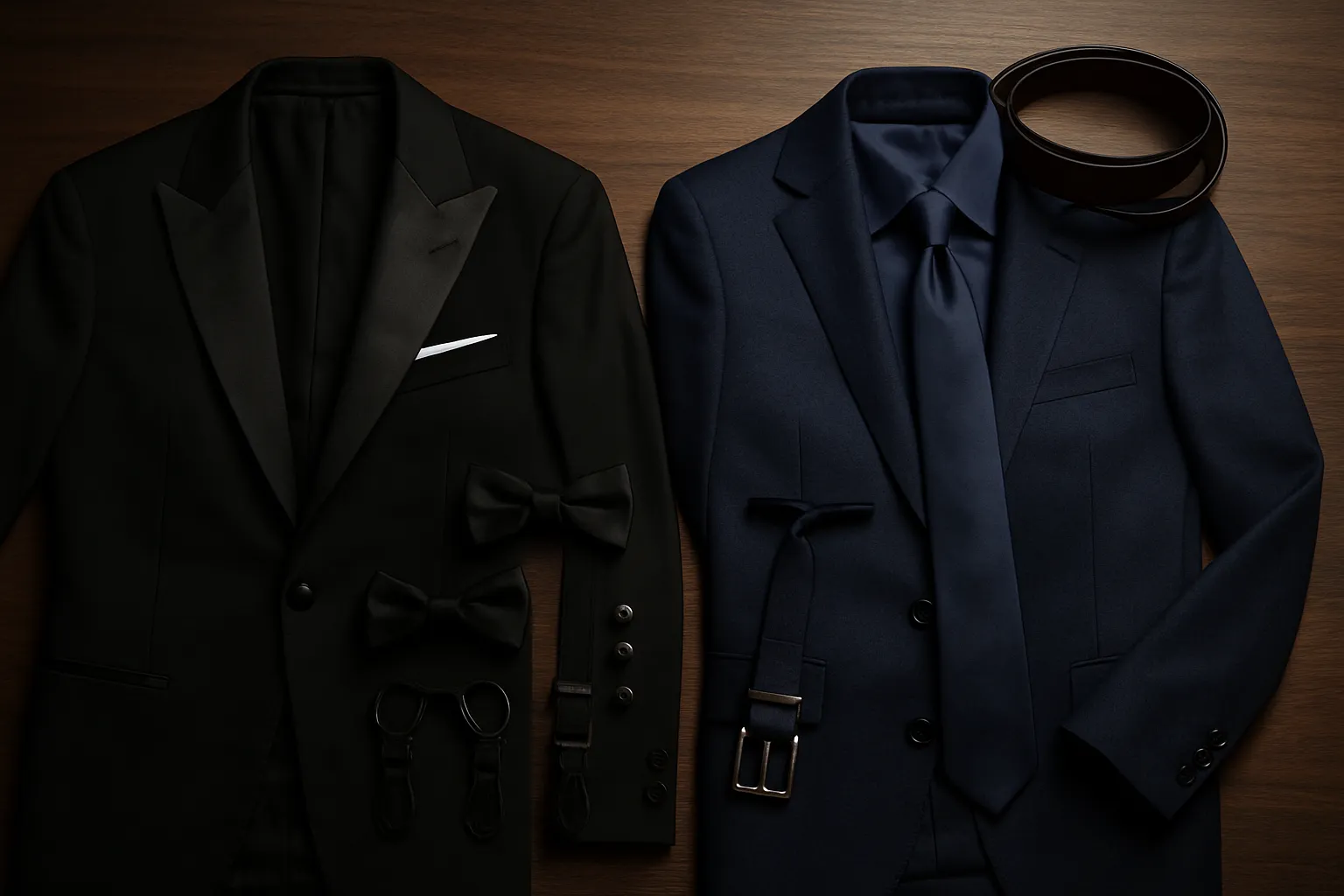 Black tuxedo with satin lapels and braces laid beside a navy suit with a necktie